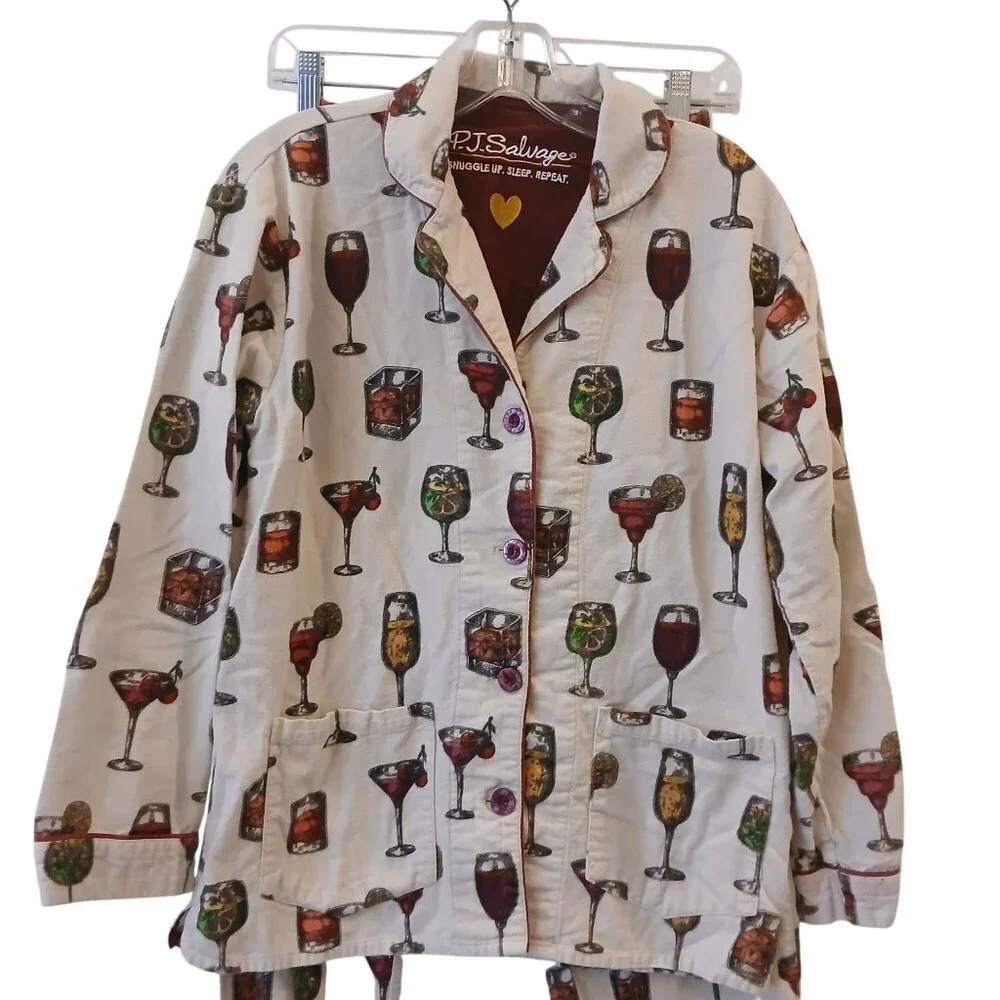 PJ Salvage Cocktail Pajama Set XS Cozy Flannel Sleepwear Pants Long Sleeve #O-11 - Picture 9 of 9
